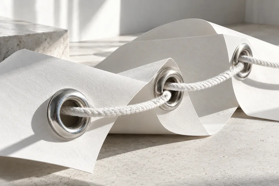 Une corde blanche relie trois oeillets métalliques sur des feuilles pliées.