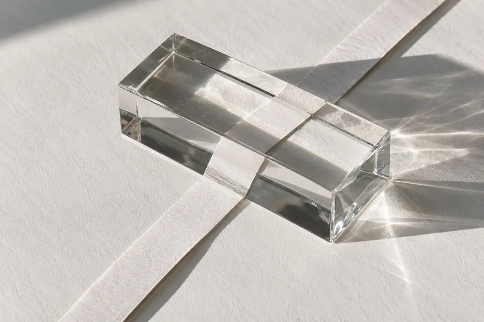 Un bloc de verre réfracte une bande de papier blanc.
