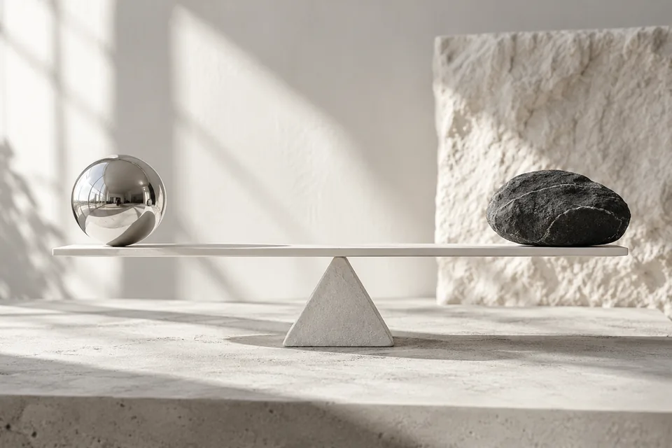 Une planche blanche et deux objets forment une balance.